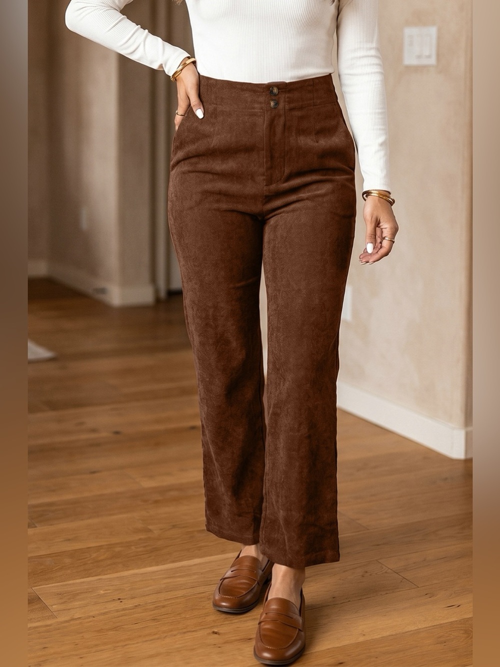 Elastic Waist Straight Leg Ankle Length Corduroy Pants